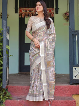 Odette - Off White Cotton Linen Printed Saree with Unstitched Blouse