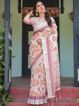 Odette - Off White Cotton Linen Printed Saree with Unstitched Blouse