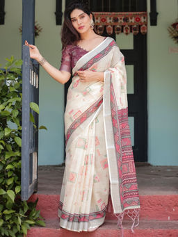 Odette - Off White Cotton Linen Printed Saree with Unstitched Blouse