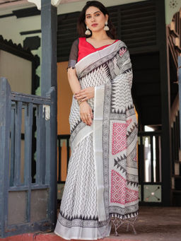 Odette - White and Grey Cotton Linen Printed Saree with Unstitched Blouse
