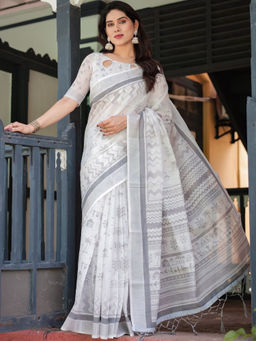 Odette - White and Blue Cotton Linen Printed Saree with Unstitched Blouse