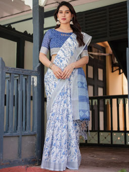 Odette - Blue Cotton Linen Printed Saree with Unstitched Blouse