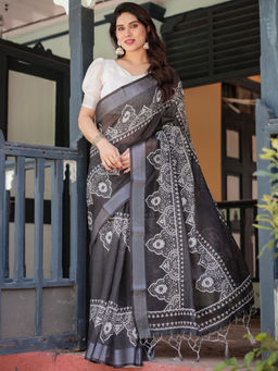 Odette - Black Cotton Linen Printed Saree with Unstitched Blouse