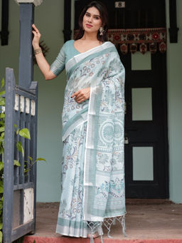 Odette - Light Blue Cotton Linen Printed Saree with Unstitched Blouse