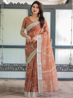 Odette - Light Brown Cotton Linen Printed Saree with Unstitched Blouse