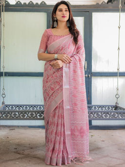 Odette - Light Pink Cotton Linen Printed Saree with Unstitched Blouse