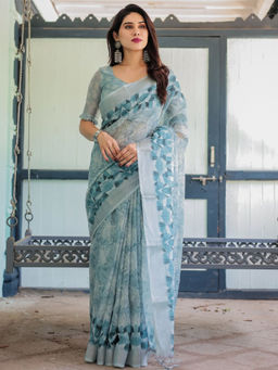 Odette - Light Blue Cotton Linen Printed Saree with Unstitched Blouse