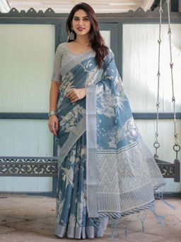 Odette - Dusty Blue Cotton Linen Printed Saree with Unstitched Blouse