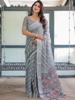 Odette - Grey Cotton Linen Printed Saree with Unstitched Blouse