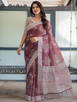 Odette - Maroon Cotton Linen Printed Saree with Unstitched Blouse