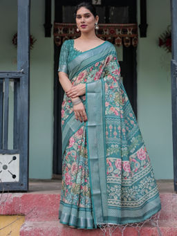 Odette - Teal Green Cotton Linen Printed Saree with Unstitched Blouse