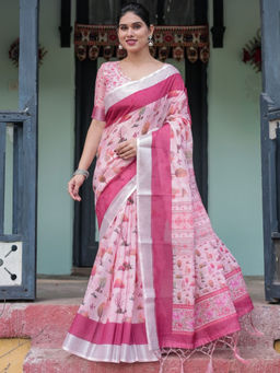Odette - Light Pink Cotton Linen Printed Saree with Unstitched Blouse