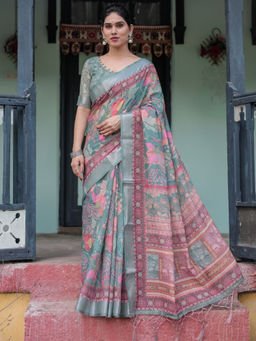 Odette - Sage Green Cotton Linen Printed Saree with Unstitched Blouse