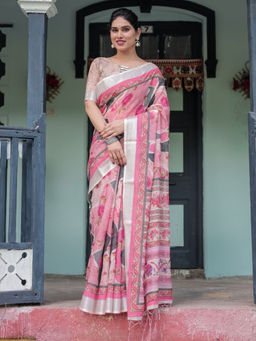Odette - Pink Cotton Linen Printed Saree with Unstitched Blouse