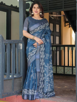 Odette - Dusty Blue Cotton Linen Printed Saree with Unstitched Blouse