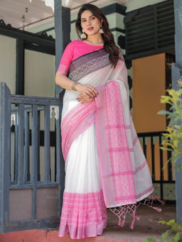 Odette - White Cotton Linen Printed Saree with Unstitched Blouse