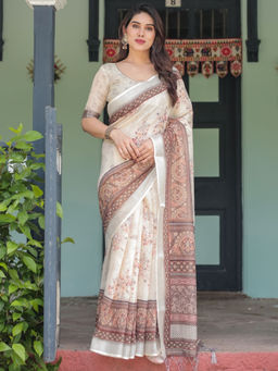 Odette - Off White Cotton Linen Printed Saree with Unstitched Blouse