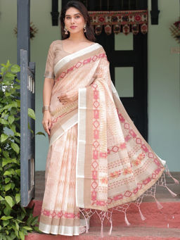 Odette - Cream Cotton Linen Printed Saree with Unstitched Blouse