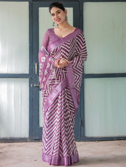Odette - Purple Cotton Linen Printed Saree with Unstitched Blouse