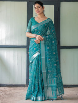 Odette - Teal Green Cotton Linen Printed Saree with Unstitched Blouse