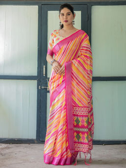 Odette - Multi Colour Cotton Linen Printed Saree with Unstitched Blouse
