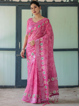 Odette - Pink Cotton Linen Printed Saree with Unstitched Blouse
