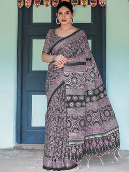 Odette - Black Cotton Linen Printed Saree with Unstitched Blouse