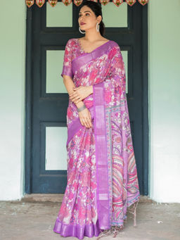 Odette - Multi Colour Cotton Linen Printed Saree with Unstitched Blouse