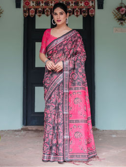 Odette - Black and Peach Cotton Linen Printed Saree with Unstitched Blouse