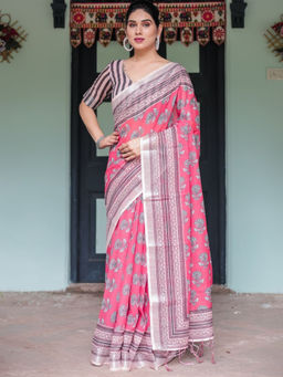 Odette - Peach Pink Cotton Linen Printed Saree with Unstitched Blouse