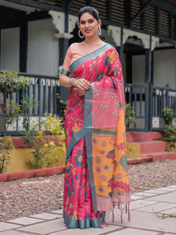 Odette - Dark Pink Cotton Linen Printed Saree with Unstitched Blouse