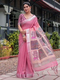 Odette - Dusty Pink Cotton Linen Printed Saree with Unstitched Blouse