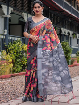 Odette - Dark Grey Cotton Linen Printed Saree with Unstitched Blouse