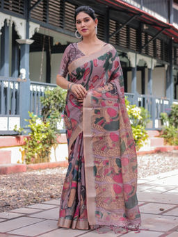Odette - Dusty Lavender Cotton Linen Printed Saree with Unstitched Blouse