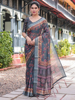 Odette - Dark Grey Cotton Linen Printed Saree with Unstitched Blouse