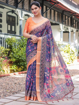 Odette - Voilet Cotton Linen Printed Saree with Unstitched Blouse