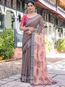 Odette - Black and Cream Cotton Linen Printed Saree with Unstitched Blouse