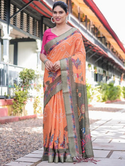 Odette - Orange Cotton Blend Printed Saree with Unstitched Blouse
