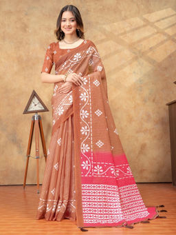 Odette - Light Brown Cotton Linen Printed Saree with Unstitched Blouse