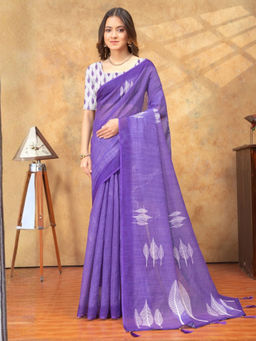Odette - Purple Cotton Linen Printed Saree with Unstitched Blouse