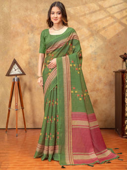 Odette - Green Cotton Linen Printed Saree with Unstitched Blouse