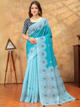 Odette - Sky Blue Cotton Linen Printed Saree with Unstitched Blouse