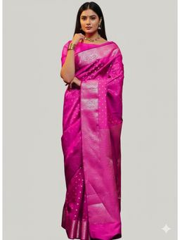 THE WEAVERS SHOP BY RAAVI - Art Silk Banarasi Pink Saree with Unstitched Blouse