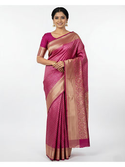 THE WEAVERS SHOP BY RAAVI - Banarasi Silk Pink Saree with Unstitched Blouse