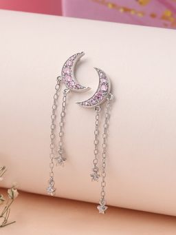 Ornate Jewels - 925 Silver Pink American Diamond Moon and Star Dangle Earring for Women & Girls
