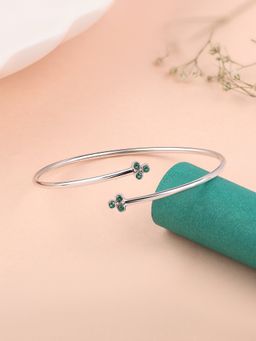 Ornate Jewels - 925 Silver Rhodium Plating Green Emerald Cuff Flexible Bangle for Women & Girls