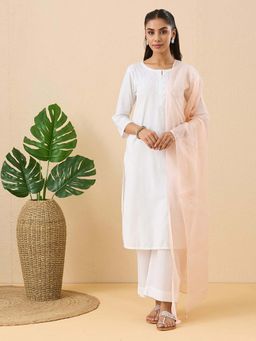 Fabindia - Peach Cotton Blend Chikankari Dupatta
