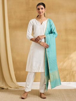 Fabindia - Blue Cotton Silk Blend Chikankari Dupatta