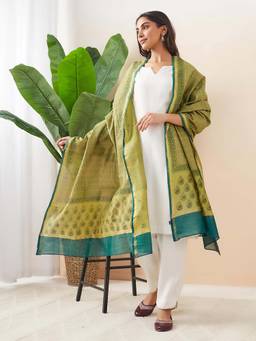 Fabindia - Green Cotton Silk Hand Block Printed Dupatta