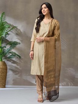 Fabindia - Beige Silk Blend Hand Block Print Dupatta